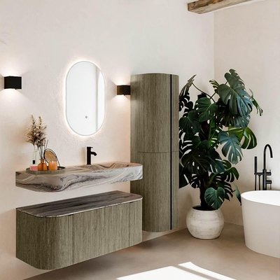 MONDIAZ THOR-DLUX 110cm meuble de salle de bains arrondi gauche + droite couleur Shadow avec 1 tiroir et 2 portes. Vasque suspendue CLOUD Droite 1 trou de robinet couleur Sombra.