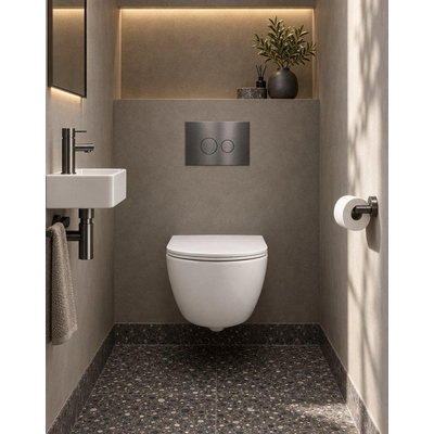 QeramiQ Dely Swirl Ensemble WC compact - réservoir encastré QeramiQ flush - abattant fin - plaque de commande métallique gunmetal - boutons ronds - blanc mat