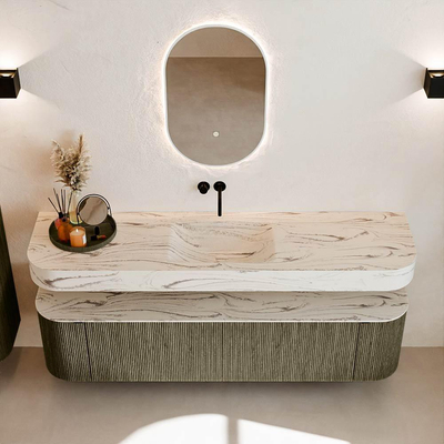 MONDIAZ THOR-DLUX 180cm meuble de salle de bains arrondi gauche + droite couleur Shadow avec 2 tiroirs et 2 portes. Vasque suspendue CLOUD Milieu sans trou de robinet couleur Nata.