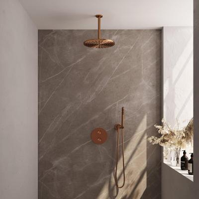 BRAUER Copper Carving douche de pluie encastrée thermostatique - 3 voies - ronde - set 78 - pomme de douche 30cm - bras de plafond - barre de douchette à main - flexible de douche - coude de raccord mural - cuivre brossé PVD