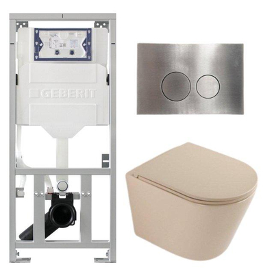 QeramiQ Dely Pack WC - 36,3x51,7cm - à fond creux - sans bride - réservoir WC attenant Geberit UP320 - abattant WC à fermeture douce - plaque de déclenchement en acier - boutons ronds - beige mat