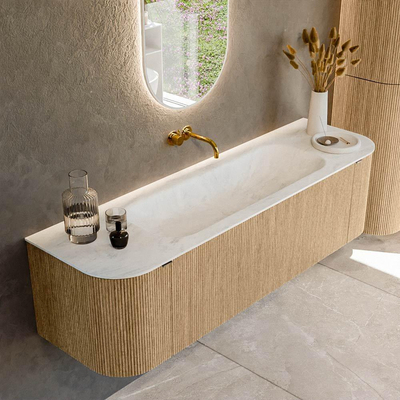 MONDIAZ KURVE-DLUX Meuble de salle de bains 160 cm avec module 25 Len R couleur Chêne avec 1 tiroir et 2 portes. Lavabo BIG MEDIUM central sans trou de robinet couleur Opalo.