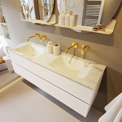 MONDIAZ VICA-DLUX Ensemble meuble de salle de bains - 150cm - meuble bas Talc - 2 tiroirs - lavabo encastré Cloud double - sans trous de robinet - version hauteur 60cm - Frappe