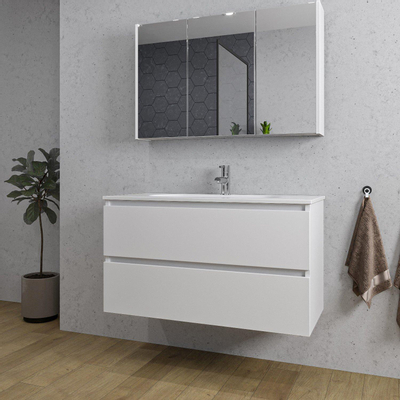 Saniclass Chaci Meuble de salle de bain - 100x46x55cm - lavabo en céramique blanc - 1 vasque ovale - 1 trou de robinet - 2 tiroirs - armoire miroir - blanc mat