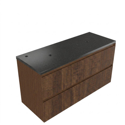 Saniclass Holz Atelier Ensemble meuble de salle de bains - 120x45x63cm - Plan vasque en basalte Noche poli (noir) - 2 trous de robinet - 2 tiroirs - walnut pure mat (bois)
