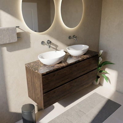 Saniclass Holz Pure Ensemble meuble de salle de bains - 140x45x63cm - Plan en pierre naturelle Noche dark emperador - sans trou de robinet - 4 tiroirs - chêne charcoal mat (bois)