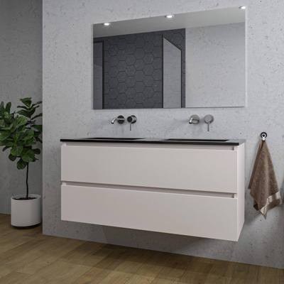 Saniclass Chaci Meuble de salle de bain - 120x46x55cm - lavabo en céramique noir - 2 vasques - sans trous de robinet - 2 tiroirs - miroir rectangulaire - mat cotton (beige)