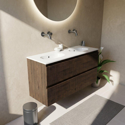 Saniclass Holz Atelier Ensemble de meubles de salle de bains - 120x45x74cm - Chaci lavabo en céramique blanc - 2 vasques - sans trous de robinetterie - 2 tiroirs - chêne charcoal mat (bois)