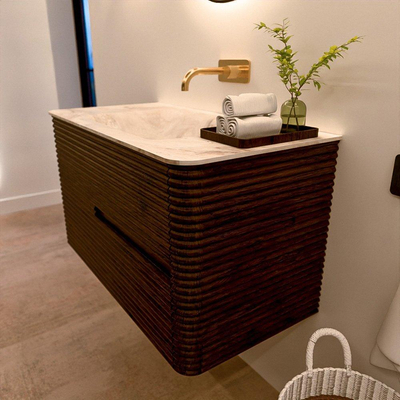 Mondiaz CIRO-DLUX Badkamermeubelset - 90x45x50cm - Solid surface wastafel Frappe - 1 wasbak Midden - zonder kraangaten - 2 lades - Walnut