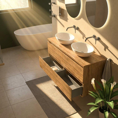 Saniclass Holz Pure Ensemble meuble de salle de bains - 140x45x63cm - Plan de travail en pierre naturelle travertin - sans trou de robinetterie - 4 tiroirs - chêne naturel mat (bois)
