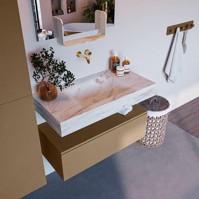 Mondiaz ALAN-DLUX Ensemble de meuble - 90cm - meuble Oro mat - 1 tiroir - Lavabo Cloud Frappe suspendu - vasque Centre - 0 trous de robinet