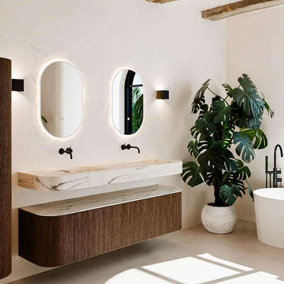 MONDIAZ THOR-DLUX 170cm meuble de salle de bains arrondi gauche + droite couleur Walnut avec 1 tiroir et 2 portes. Vasque suspendue CLOUD Double sans trou de robinet couleur Nata.