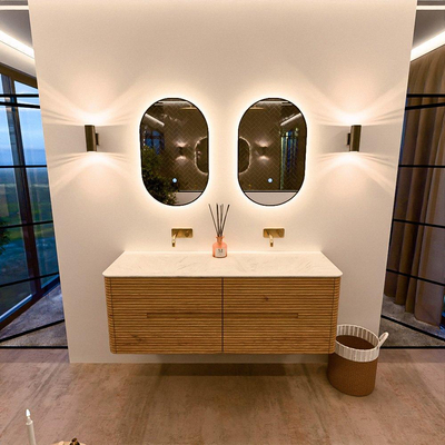 Mondiaz CIRO-DLUX Meuble de salle de bains - 140x45x50cm - plan-vasque Solid surface Opalo - 2 bacs Double - sans trous de robinetterie - 4 tiroirs - Chêne