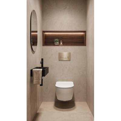 QeramiQ Dely Swirl Toiletset - 36.3x51.7cm - diepspoel - rimless - Geberit UP320 inbouwreservoir - met Burda frame - 35mm zitting - geborsteld messing bedieningsplaat - rechtehoekige knoppen - mat wit