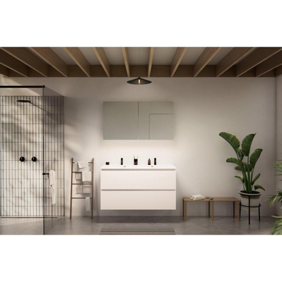 Nemo Go Ensemble de meuble - 60x65x45.5cm - 2 tiroirs - sans poignée - 2 vasque Blanc brillant - 2 trous de robinet - avec armoire toilette - MDF standard white