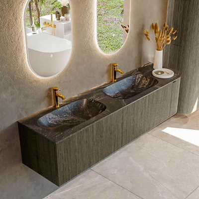 Mondiaz KURVE-DLUX Ensemble de meuble salle de bain - 175x46x40cm - 2 tiroirs - 1 porte - lavabo en solid surface - double / gauche - 2 trous de robinet - Shadow