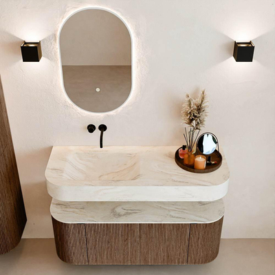 MONDIAZ THOR-DLUX 120cm badmeubel ronding links + rechts kleur Walnut met 1 lade en 2 deuren. Vrijhangende wastafel CLOUD Links zonder kraangat kleur Ostra.