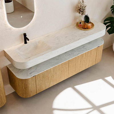 MONDIAZ THOR-DLUX 180cm meuble de salle de bains arrondi gauche + droite couleur Chêne avec 2 tiroirs et 2 portes. Vasque suspendue CLOUD Gauche 1 trou de robinet couleur Opalo.