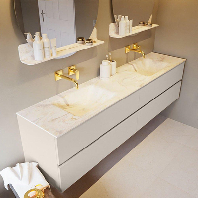 Mondiaz VICA-DLUX ensemble de meuble de salle de bain - 200cm - meuble sous-vasque lin - 4 tiroirs - lavabo encastrée nuage double - sans trous de robinet - version haute de 60cm - ostra