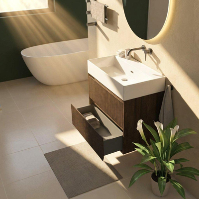 Saniclass Holz Atelier Ensemble meuble de salle de bains - 80x45x72cm - lavabo Legend en céramique blanc - 1 vasque - sans trou de robinet - 2 tiroirs - chêne charcoal mat (bois)