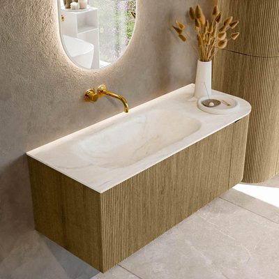 Mondiaz KURVE-DLUX Ensemble de meuble salle de bain - 115x46x40cm - 1 tiroir - 1 porte - lavabo en solid surface - gauche - sans trou de robinet - Dusk