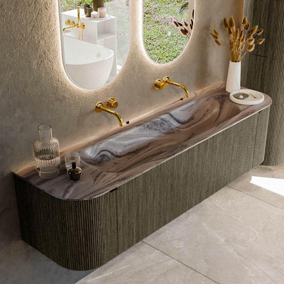 MONDIAZ KURVE-DLUX Meuble de salle de bains 170cm arrondi Gauche + Droite couleur Shadow avec 1 tiroir et 2 portes. Plan-vasque BIG LARGE Centre sans trou de robinet Sombra.