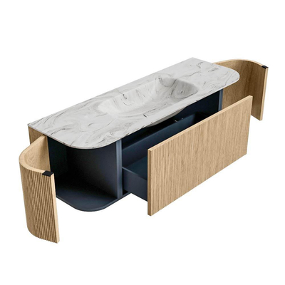 MONDIAZ KURVE-DLUX Meuble de salle de bains 140cm avec module 25 Len R couleur Oak avec 1 tiroir et 2 portes. Lavabo BIG SMALL central 1 trou de robinetterie couleur Glace.