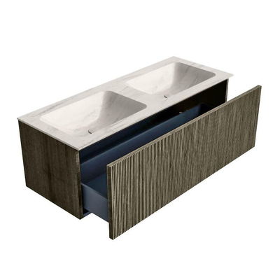 MONDIAZ KURVE-DLUX Meuble de salle de bains 120 cm couleur Shadow avec 1 tiroir et 0 porte. Lavabo LEAF Double 2 trous de robinet Meli.