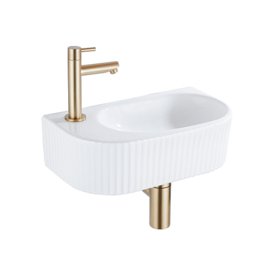 QeramiQ Fuente Ensemble de lavabo - 40x21.5x12cm - gauche - nervuré - demi-rond - 1 trou de robinet - céramique - robinet de lave-mains en laiton brossé - bonde - siphon abaissé - blanc brillant