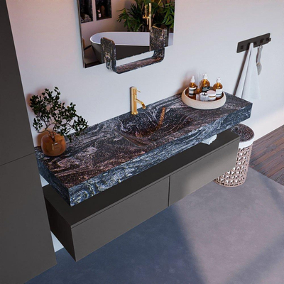 Mondiaz ALAN-DLUX Ensemble de meuble - 150cm - meuble Dark grey mat - 2 tiroirs - Lavabo Cloud Lava suspendu - vasque Centre - 1 trou de robinet