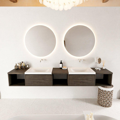 MONDIAZ BUKLA 240cm ensemble de meuble avec module ouvert 40 L+M+R couleur Marron Foncé avec 2 tiroirs. Lavabo CLOUD double 0 trous de robinet couleur Talc.