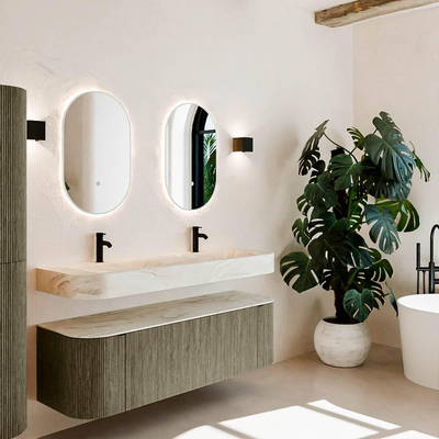 MONDIAZ THOR-DLUX 150cm meuble de salle de bains arrondi gauche + droite couleur Shadow avec 1 tiroir et 2 portes. Vasque suspendue CLOUD Double 2 trous de robinet couleur Ostra.