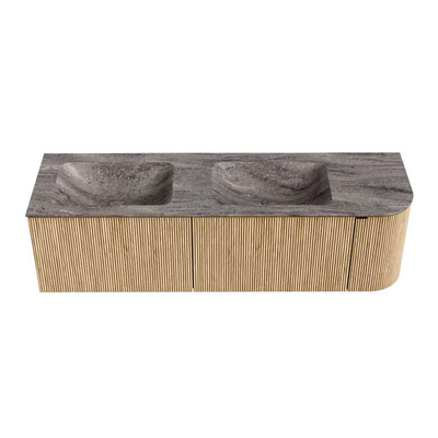 MONDIAZ KURVE-DLUX 155cm meuble de salle de bains arrondi Droite couleur Chêne avec 2 tiroirs et 1 porte. Lavabo LEAF Double / Gauche 2 trous de robinet Oza.