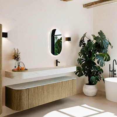 MONDIAZ THOR-DLUX 180cm meuble de salle de bains arrondi gauche + droite couleur Dusk avec 2 tiroirs et 2 portes. Vasque suspendue CLOUD Droite 1 trou de robinet couleur Opalo.