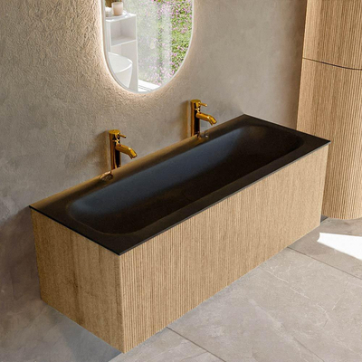 MONDIAZ KURVE Meuble de salle de bains 120 cm couleur Oak avec 1 tiroir. Lavabo BIG LARGE central 2 trous de robinet Urban.