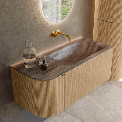 MONDIAZ KURVE-DLUX 105cm badmeubel ronding Links kleur Oak met 1 lade en 1 deur. Wastafel BIG SMALL Rechts zonder kraangat Oza.