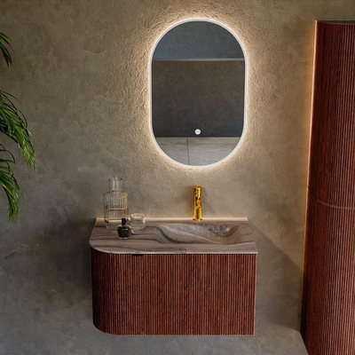MONDIAZ KURVE-DLUX Meuble de salle de bains 75 cm arrondi à gauche couleur Ruby avec 1 tiroir et 1 porte. Lavabo GRUNNE à droite 1 trou de robinet Sombra.
