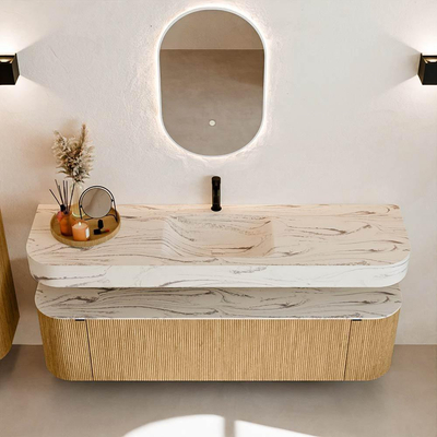 MONDIAZ THOR-DLUX 170cm meuble de salle de bains arrondi gauche + droite couleur Oak avec 1 tiroir et 2 portes. Vasque suspendue CLOUD Milieu 1 trou de robinet couleur Nata.