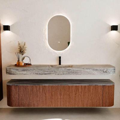 MONDIAZ THOR-DLUX 200cm meuble de salle de bains arrondi gauche + droite couleur Ruby avec 2 tiroirs et 2 portes. Vasque suspendue CLOUD Milieu 1 trou de robinet couleur Oza.