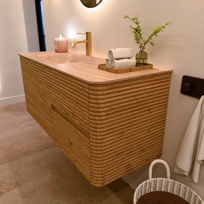 Mondiaz CIRO-DLUX Meuble de salle de bains - 120x45x50cm - Plan vasque solid surface Saba - 1 vasque à gauche - 1 trou de robinetterie - 2 tiroirs - Chêne