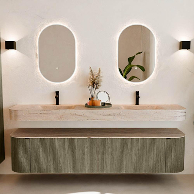 MONDIAZ THOR-DLUX Meuble de salle de bains - 200cm - arrondi gauche + droite - couleur Shadow - 2 tiroirs et 2 portes - Vasque suspendue CLOUD Double 2 trous de robinet - couleur Saba