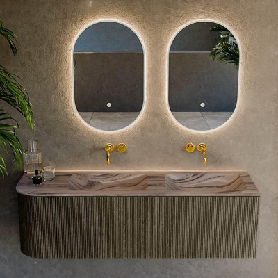 MONDIAZ KURVE-DLUX Meuble de salle de bains 145cm arrondi à gauche couleur Shadow avec 1 tiroir et 1 porte. Lavabo LEAF Double / à droite sans trou de robinet Sombra.