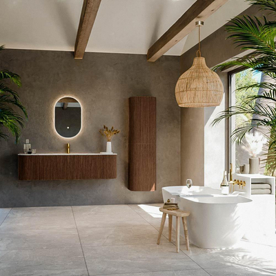 MONDIAZ KURVE-DLUX 160cm Meuble salle de bain avec module 25 G et D - couleur Walnut - 1 tiroir - 2 portes - vasque BIG MEDIUM centre - 1 trou de robinet - couleur Glace