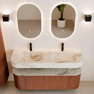 MONDIAZ THOR-DLUX Meuble de salle de bains 140cm arrondi gauche + droite couleur Ruby avec 1 tiroir et 2 portes. Vasque suspendue CLOUD Double 2 trous de robinet couleur Frappe.