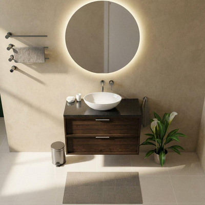 Saniclass Holz Frame Ensemble meuble de salle de bains - 100x45x63cm - Plan vasque en basalte Noche poli (noir) - sans trou de robinetterie - 2 tiroirs - chêne charcoal mat (bois)