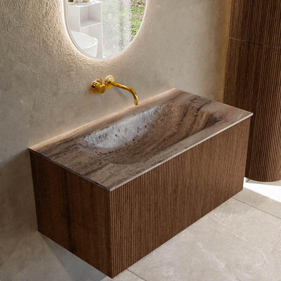 MONDIAZ KURVE-DLUX 90cm badmeubel kleur Walnut met 1 lade en 0 deuren. Wastafel BIG SMALL Midden zonder kraangat Oza.