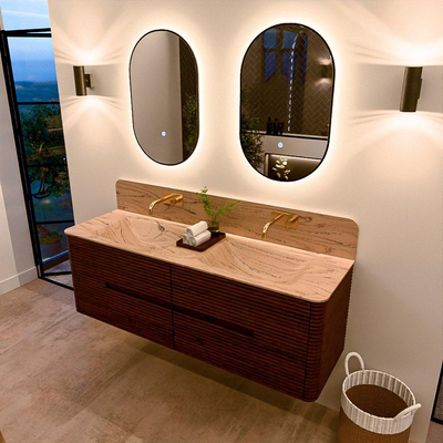Mondiaz CIRO-DLUX Badkamermeubelset - 150x45x50cm - Solid surface wastafel Arena - 2 wasbak Dubbel - zonder kraangaten - 4 lades - Ruby