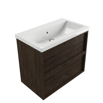 Saniclass Holz Frame Ensemble meuble de salle de bains - 80x45x63.5cm - lavabo en céramique Bari blanc - 1 vasque - sans trou de robinetterie - 2 tiroirs - chêne charcoal mat (bois)