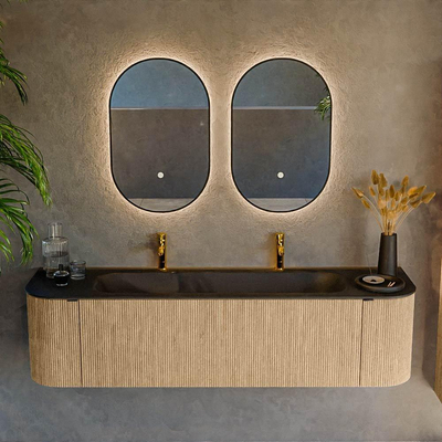 MONDIAZ KURVE Meuble de salle de bains 170 cm avec module 25 Len R couleur Oak avec 1 tiroir et 2 portes. Lavabo BIG LARGE central 2 trous de robinet Urban.