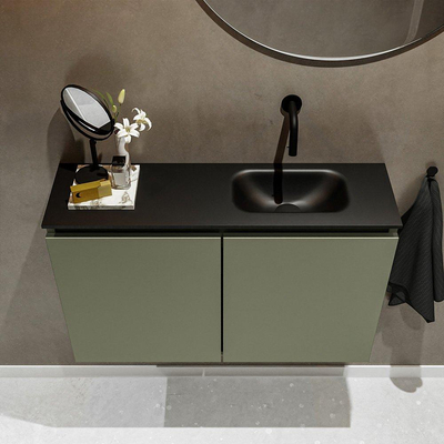 MONDIAZ TURE Kit lave-mains - 80x23x50cm - 0 trous de robinet - 2 portes - armée mate - Lavabo à droite - Solid Surface Noir
